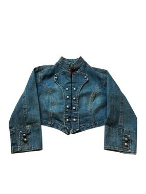 Vintage Y2K Miss Lili Military Cropped Denim Jacket Stud Buttons Baroque